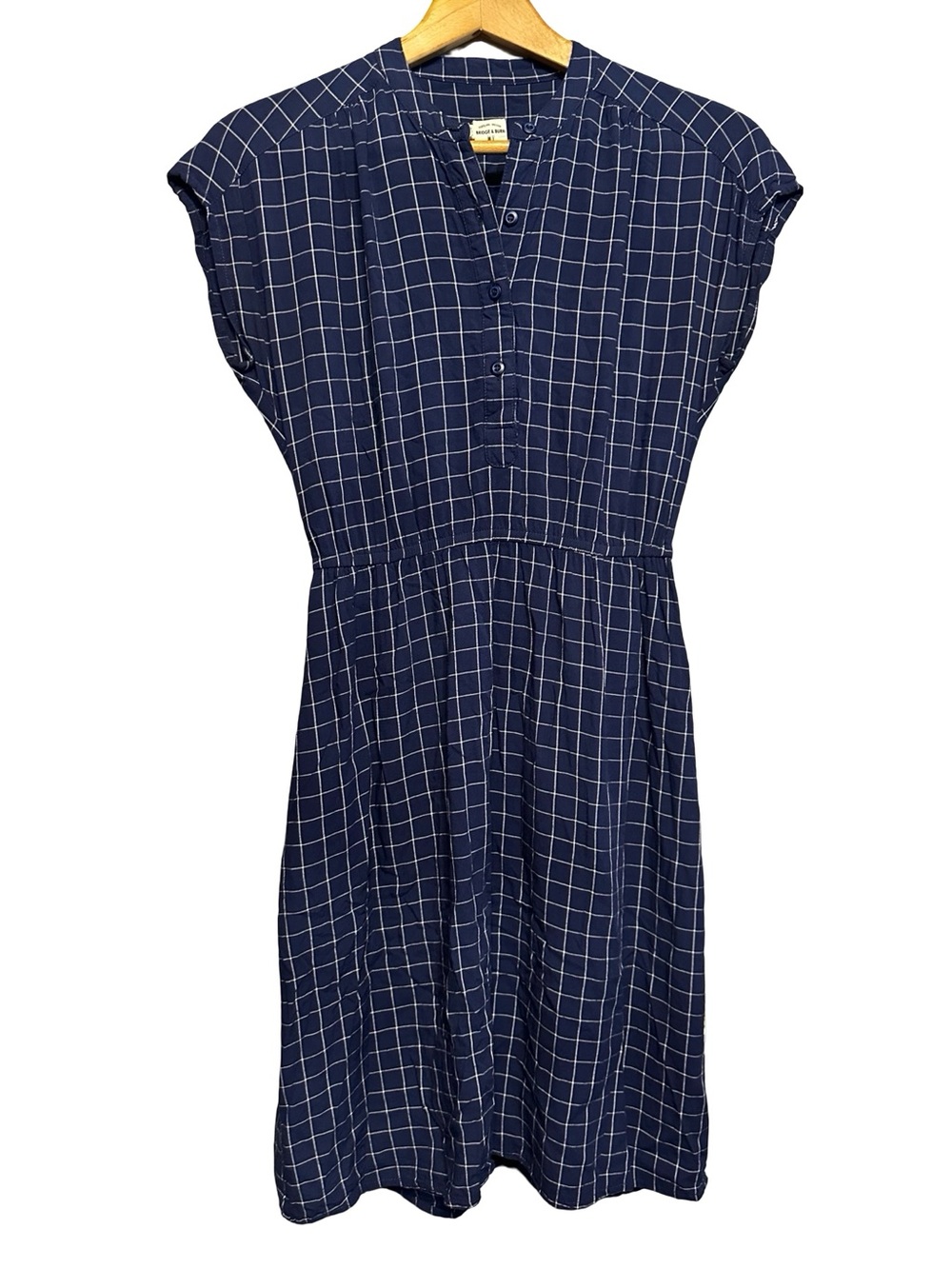 Bridge & Burn Navy Windowpane Plaid Mini Dress Cap Sleeve Size XS Button Top